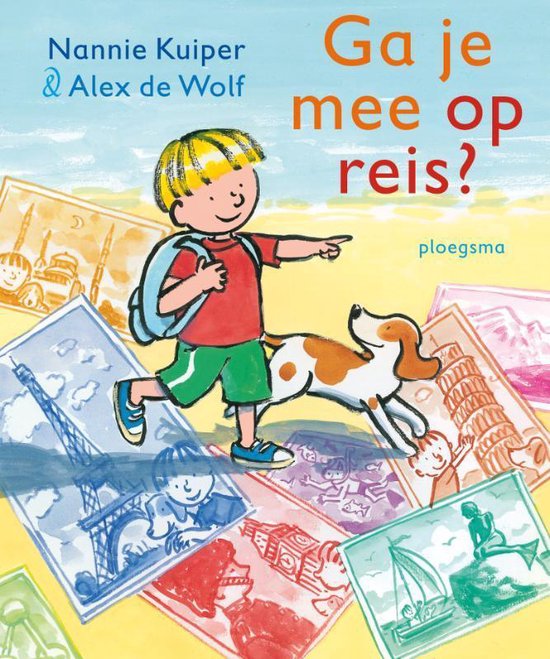 Ga je mee op reis?, Nannie Kuiper en Alex de Wolf, omslag met een getekende jongen met rugzak en een hond, tweedehands