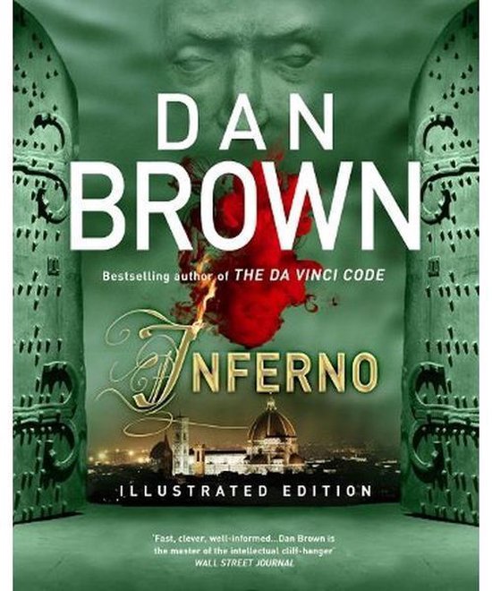 Inferno, Dan Brown, boekomslag voorkant met een gezicht en een kathedraal op groen, tweedehands