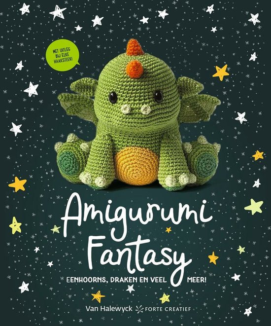 Amigurumi Fantasy eenhoorns draken en meer, Forte Creatief donkerblauwe omslag met gehaakt draakje, tweedehands