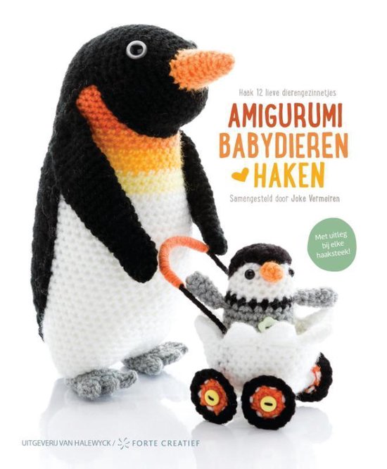 Amigurumi babydieren haken, Joke Vermeiren, omslag met een gehaakte pinguïn en een jong in een wagentje, tweedehands