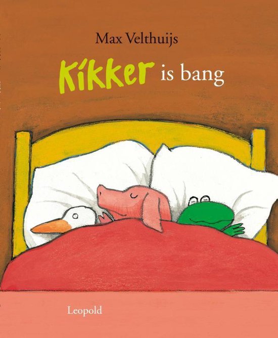 Kikker is bang, Max Velthuijs, Leopold boekomslag voorkant met Kikker Eend en Varkentje in bed, tweedehands