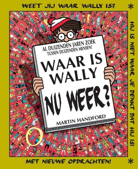 Waar is Wally nu weer?, Martin Handford, rode omslag met Wally achter een bord, met nieuwe opdrachten, tweedehands