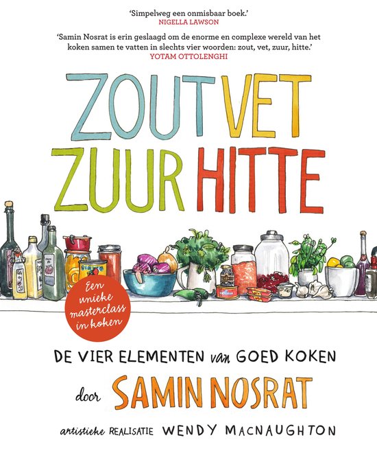 Zout, vet, zuur, hitte, Samin Nosrat, boekomslag voorkant met getekende potten en ingrediënten, tweedehands