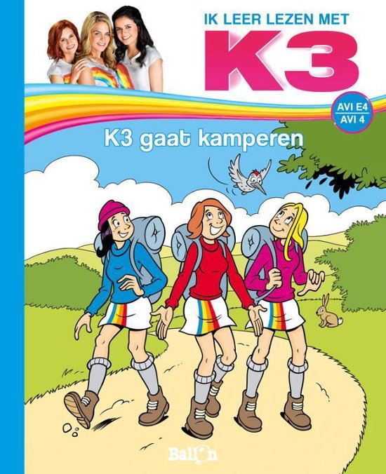 Ik leer lezen met K3, K3 gaat kamperen, AVI E4, omslag met K3 als getekende wandelaars, tweedehands