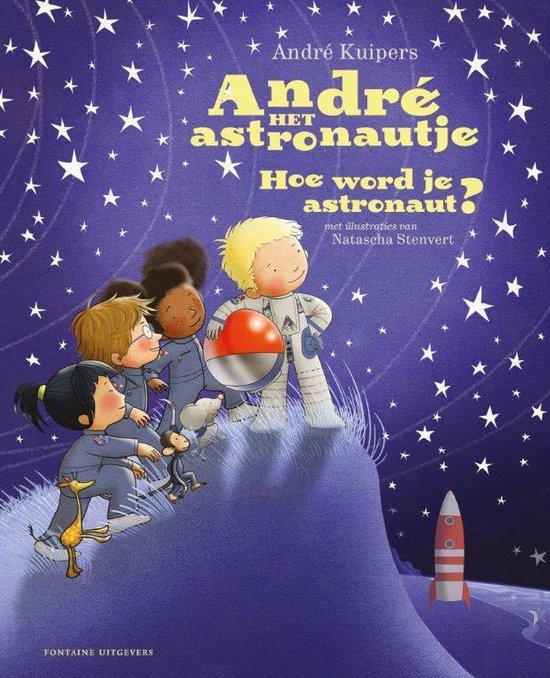 André het astronautje, André Kuipers, boekomslag voorkant met kinderen die naar de sterren kijken, tweedehands