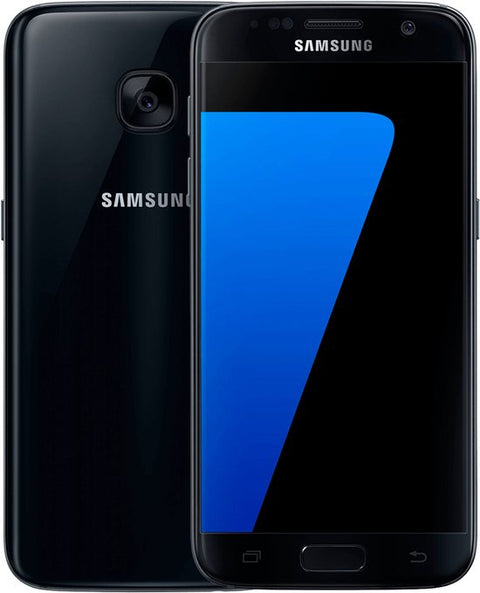 Samsung Galaxy S7, zwart, achterkant en voorkant met blauw scherm, tweedehands