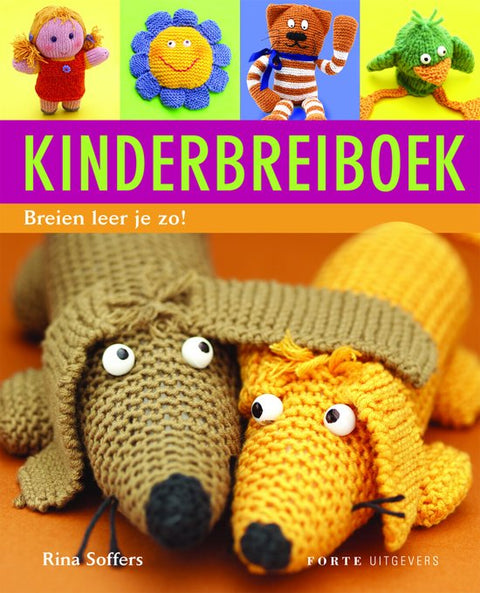 Kinderbreiboek, Rina Soffers, boekomslag voorkant met gebreide hondjes en poppetjes, tweedehands