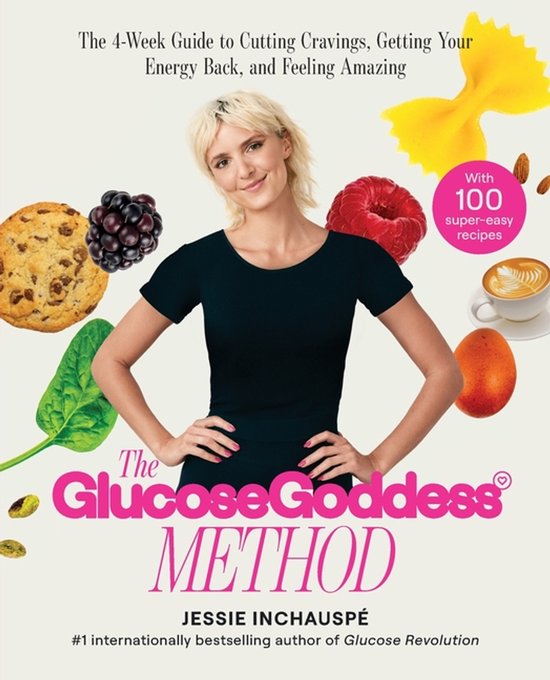 Glucose Goddess Method, Jessie Inchauspe, boekomslag voorkant met een vrouw omringd door fruit en koekjes, tweedehands