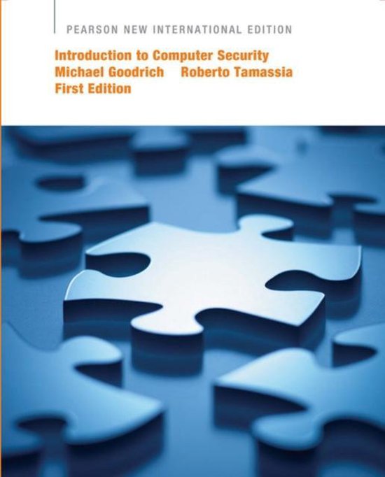 Introduction to Computer Security, Michael Goodrich, Pearson New International Edition, blauwe omslag met puzzelstukken
