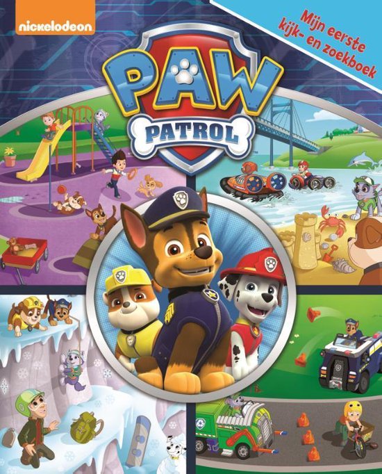 Paw Patrol, Mijn eerste kijk- en zoekboek, boekomslag voorkant met Chase, Marshall en Rubble, tweedehands