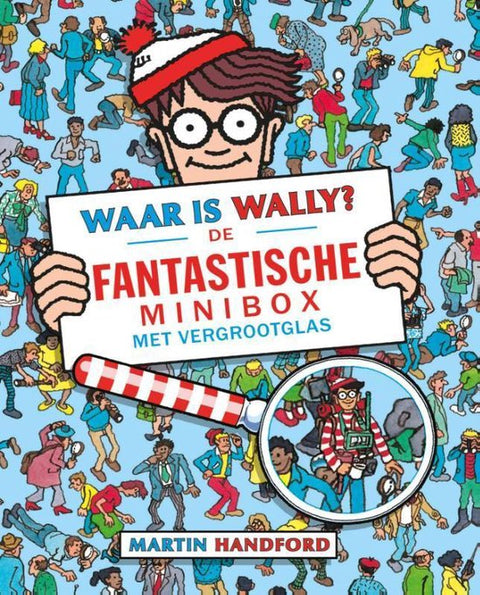 Waar is Wally De fantastische minibox met vergrootglas, Martin Handford, doos voorkant met Wally en menigte, tweedehands