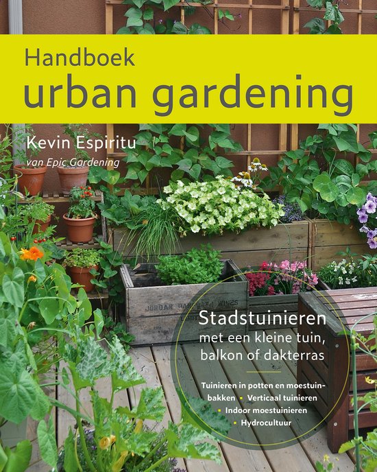 Handboek urban gardening, Kevin Espiritu, boekomslag voorkant met een balkontuin, tweedehands