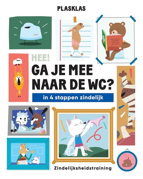 Plasklas, Hee ga je mee naar de wc, Nathan Volkers, boekomslag voorkant met vrolijke illustraties, tweedehands