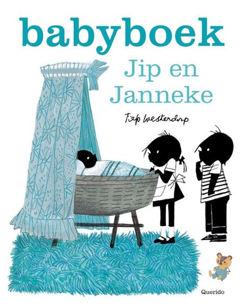 Babyboek Jip en Janneke blauw, Fiep Westendorp, Querido boekomslag voorkant met wieg, tweedehands