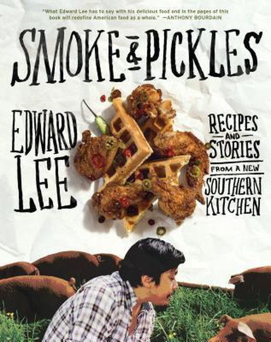 Smoke & Pickles, Edward Lee, boekomslag voorkant met gefrituurde kip en wafels, tweedehands