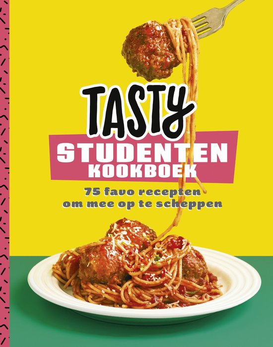 Tasty studentenkookboek, 75 favo recepten om mee op te scheppen, gele omslag met spaghetti en gehaktballen, tweedehands