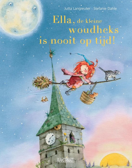 Ella de kleine woudheks is nooit op tijd, Jutta Langreuter, boekomslag voorkant met een heksje op een bezem, tweedehands