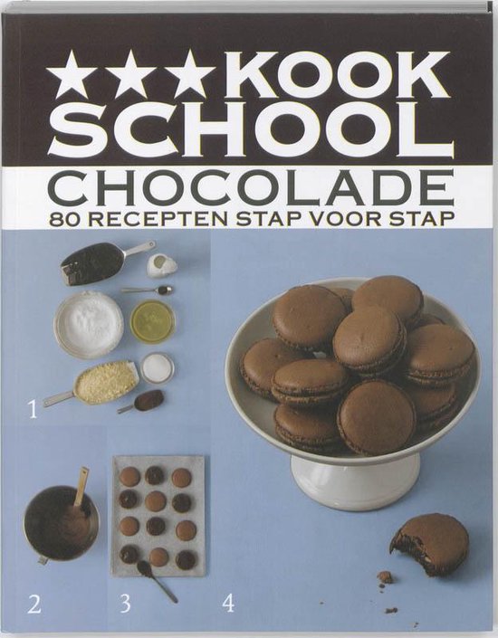 Kookschool Chocolade, 80 recepten stap voor stap, omslag met chocolademacarons op een schaal, tweedehands
