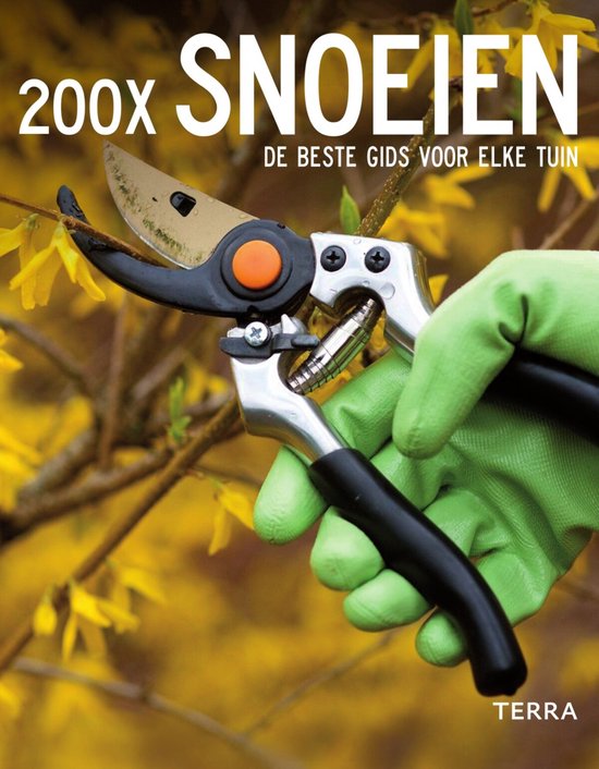 200x snoeien, Andrew Mikolajski, boekomslag voorkant met een snoeischaar en een tuinhandschoen, tweedehands
