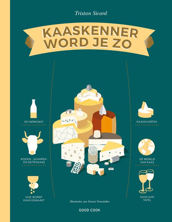 Kaaskenner word je zo, Tristan Sicard, Good Cook groene boekomslag voorkant met getekende kazen, tweedehands
