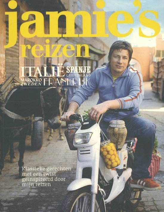 Jamie's reizen, klassieke gerechten met een twist, Jamie Oliver, omslag met Jamie Oliver op een brommer, tweedehands