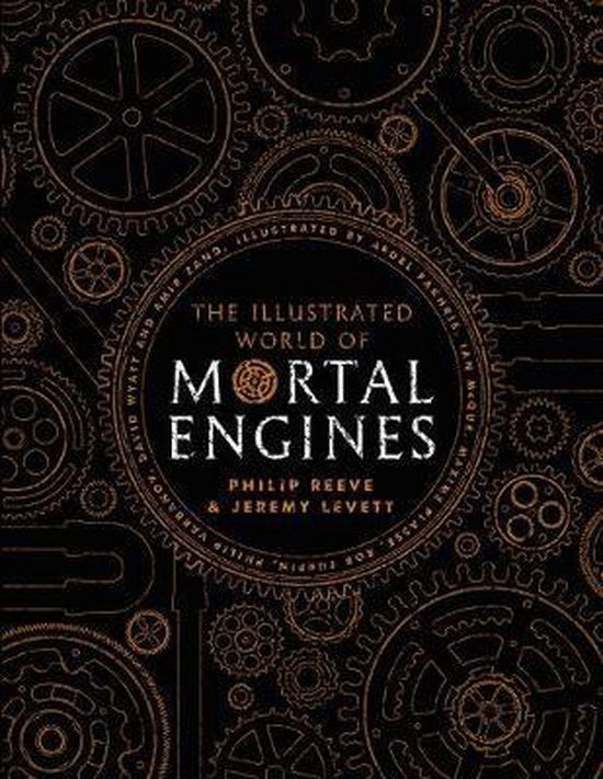 The Illustrated World of Mortal Engines, Philip Reeve, boekomslag voorkant met een patroon van tandwielen, tweedehands
