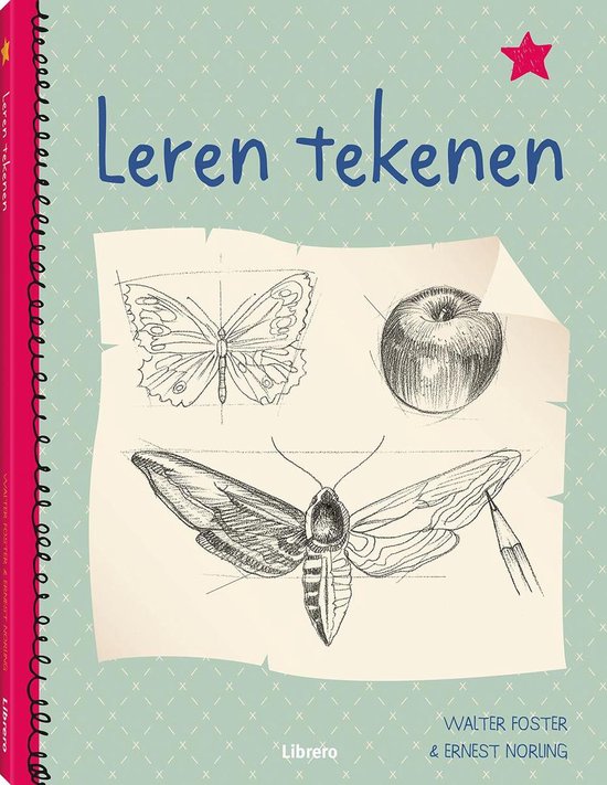 Leren tekenen, Walter Foster, boekomslag voorkant met potloodtekeningen van een vlinder en een appel, tweedehands