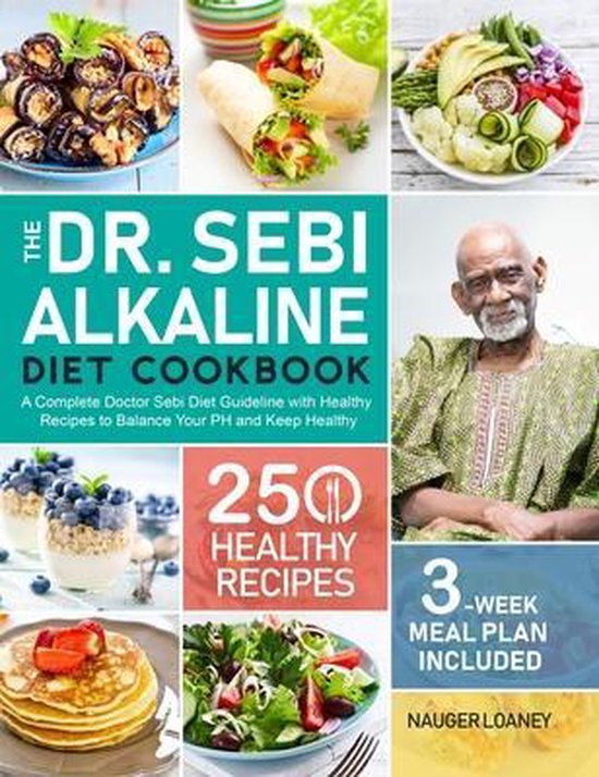 The Dr. Sebi Alkaline Diet Cookbook, Nauger Loaney, boekomslag voorkant met fotos van gerechten, tweedehands