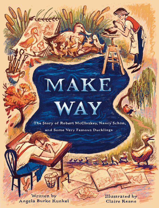 Make Way, Angela Burke Kunkel en Claire Keane, Engelstalig prentenboek, omslag met eendjes en een tekenaar, tweedehands
