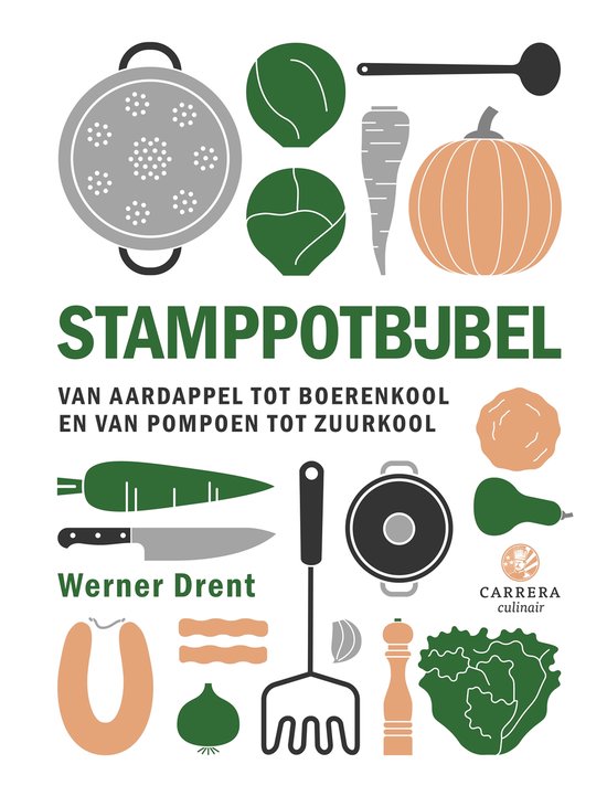 Stamppotbijbel, Werner Drent, boekomslag voorkant met illustraties van groenten en keukengerei, tweedehands