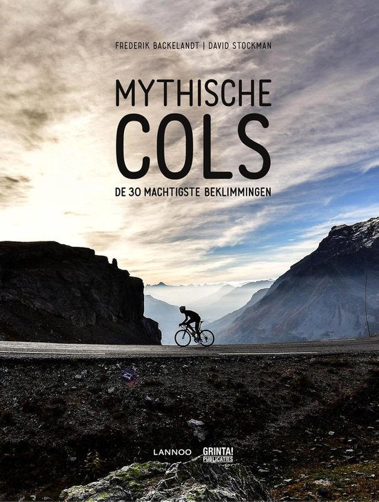 Mythische cols, Frederik Backelandt, boekomslag voorkant met een wielrenner op een bergweg, tweedehands