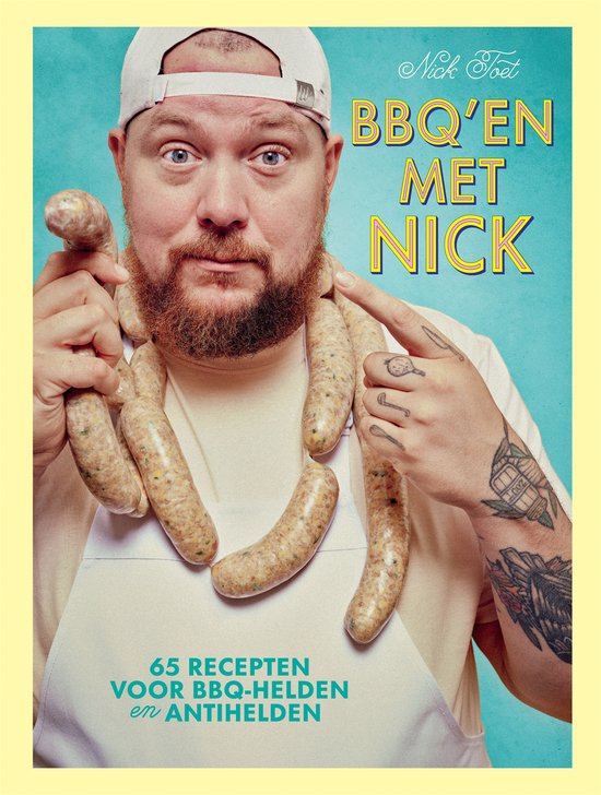 BBQ-en met Nick, Nick Toet, boekomslag voorkant met een man met worsten om zijn nek, tweedehands