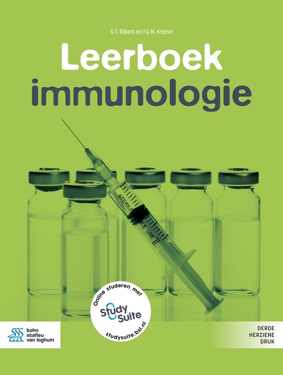 Leerboek immunologie, G.T. Rijkers, boekomslag voorkant met injectieflacons en een spuit, tweedehands