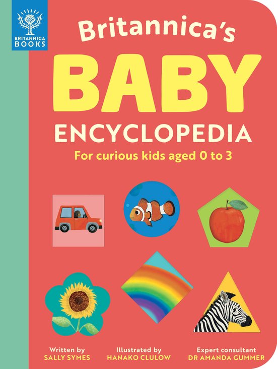 Britannica's Baby Encyclopedia, Sally Symes, rode omslag met een auto, een vis, een zonnebloem en een zebra, tweedehands