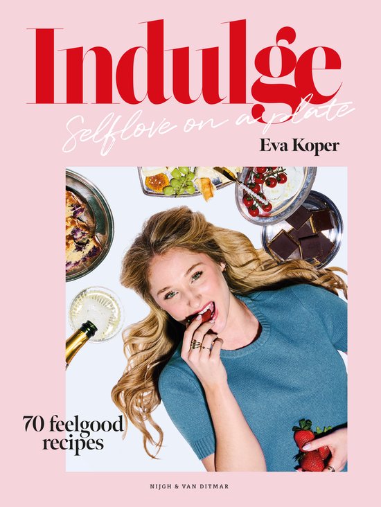 Indulge, Eva Koper, boekomslag voorkant met een vrouw die eet en gerechten, tweedehands