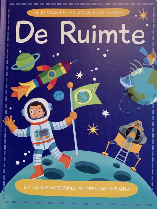 De Ruimte, mijn vragen- en antwoordenboek, boekomslag voorkant met een astronaut op de maan, tweedehands