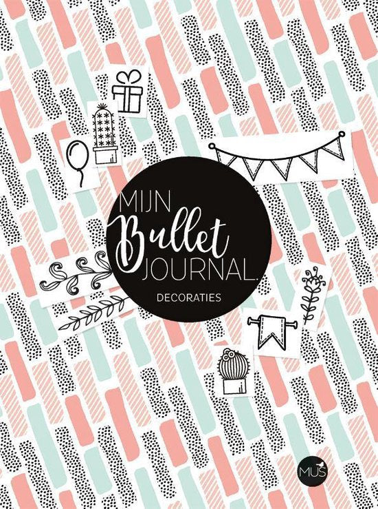 Mijn bullet journal decoraties, omslag met een pastelpatroon en getekende versieringen, tweedehands
