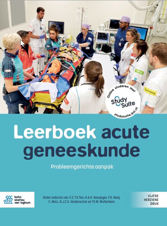 Leerboek acute geneeskunde, boekomslag voorkant met een spoedteam rond een patient, tweedehands