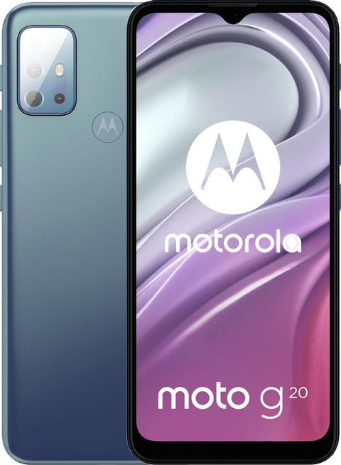 Motorola Moto G20 64GB, blauw, achterkant met camera en vooraanzicht