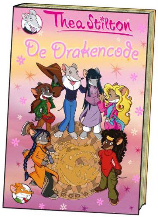 Thea Sisters 1 De Drakencode, Thea Stilton, roze boek schuin gezien met de vijf muizenmeiden, tweedehands