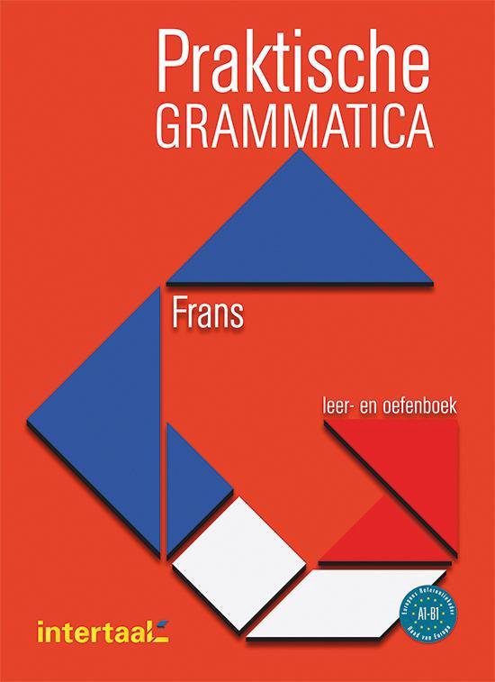 Praktische grammatica Frans, boekomslag voorkant met gekleurde tangramfiguren, tweedehands