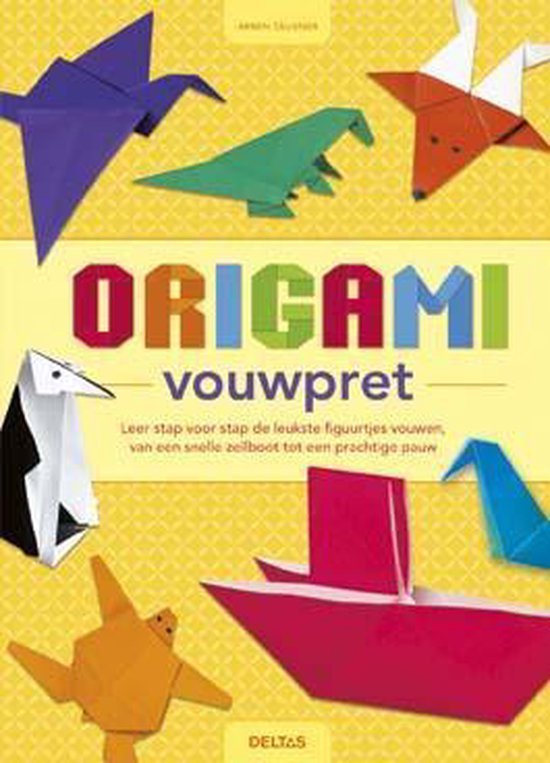 Origami vouwpret, Armin Taubner, gele omslag met gevouwen papieren dieren en een bootje, tweedehands