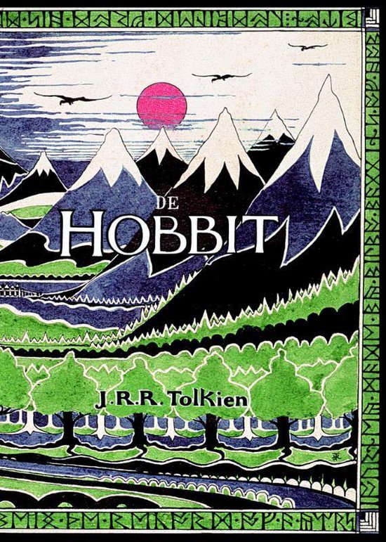 De hobbit, J.R.R. Tolkien, boekomslag voorkant met bergen, draken en een roze maan, tweedehands