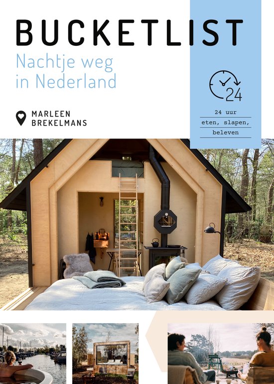 Bucketlist nachtje weg in Nederland, Marleen Brekelmans, boekomslag voorkant met een gezellig huisje-interieur, tweedehands