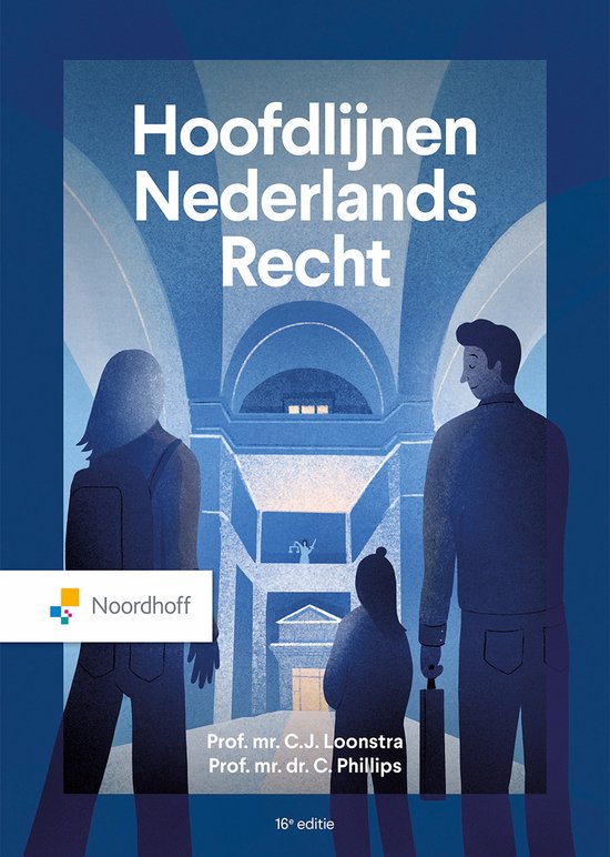Hoofdlijnen Nederlands Recht, C.J. Loonstra, boekomslag voorkant met silhouetten bij een gerechtsgebouw, tweedehands