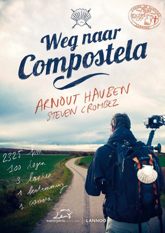 Weg naar Compostela, Arnout Hauben, boekomslag voorkant met een pelgrim met rugzak op een weg, tweedehands