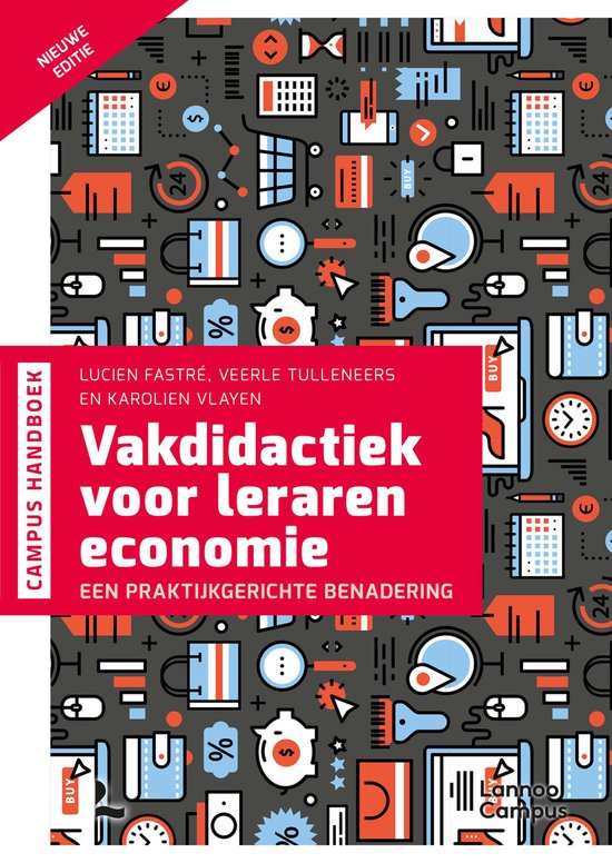 Vakdidactiek voor leraren economie, Lucien Fastré, nieuwe editie, omslag met pictogrammen over geld en winkelen, tweedehands