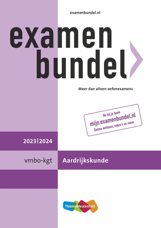 Examenbundel vmbo Aardrijkskunde 2023 2024, A.H. Bonsink-Bos, boekomslag voorkant met paarse balken, tweedehands