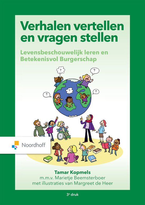 Verhalen vertellen en vragen stellen, Tamar Kopmels, boekomslag voorkant met mensen rond een wereldbol, tweedehands