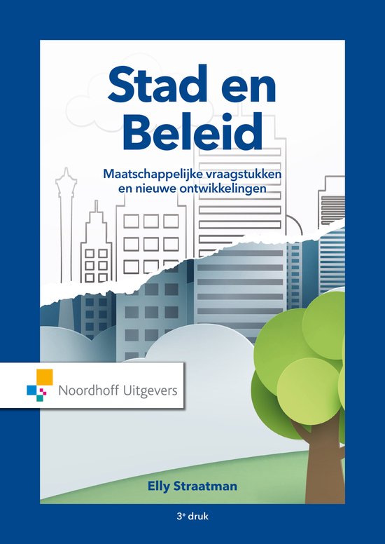 Stad en Beleid, Elly Straatman, boekomslag voorkant met een illustratie van een stad met bomen, tweedehands